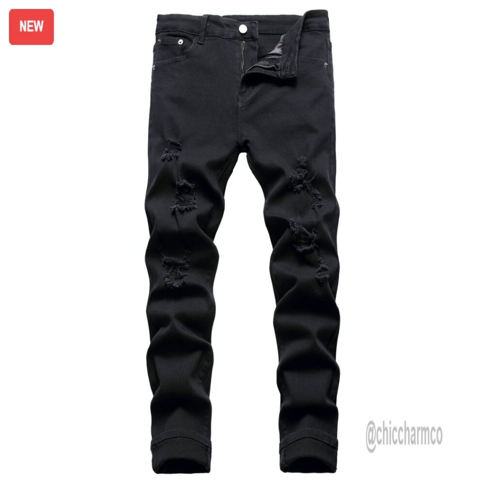 Men's Slim Fit Stretch Jeans Ripped Distressed Straight Leg Flex Waist